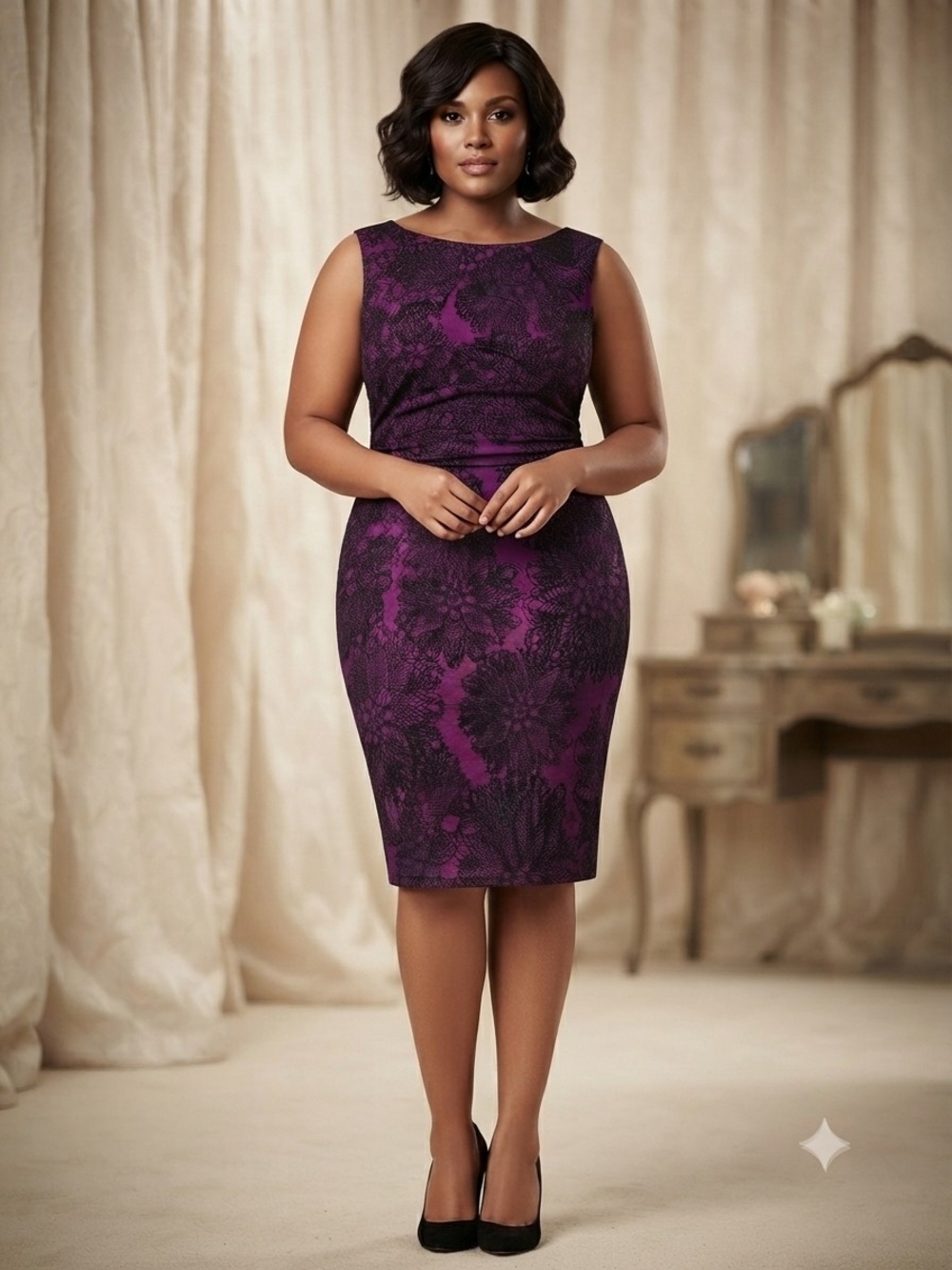 connected apparel Purple and Black Lace-Effect Sheath Dress